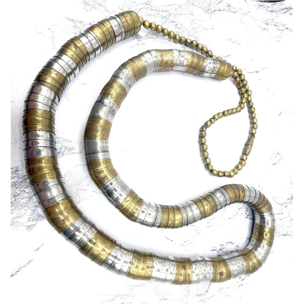 Chunky Two Tone Gold Silver Heishi Style Disc Necklace 33" Statement - Picture 2 of 6